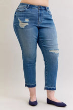 Sarah Express Women’s Plus Size Distressed Boyfriend Jeans with Patch & Repair
