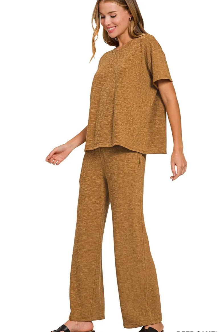 Sarah Express Women’s Slub Knit T-Shirt and Wide Leg Pants Lounge Set