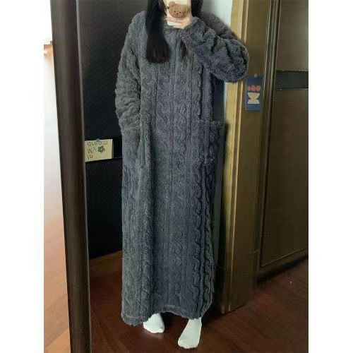 Women's Coral Fleece Nightgown - Long Sleeve Winter Sleep Dress with Pockets - Warm Loungewear
