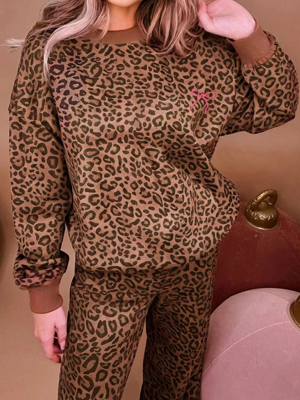 Sarah Express Women's Leopard Print Contrast Trim Long Sleeve Top and Pants Set