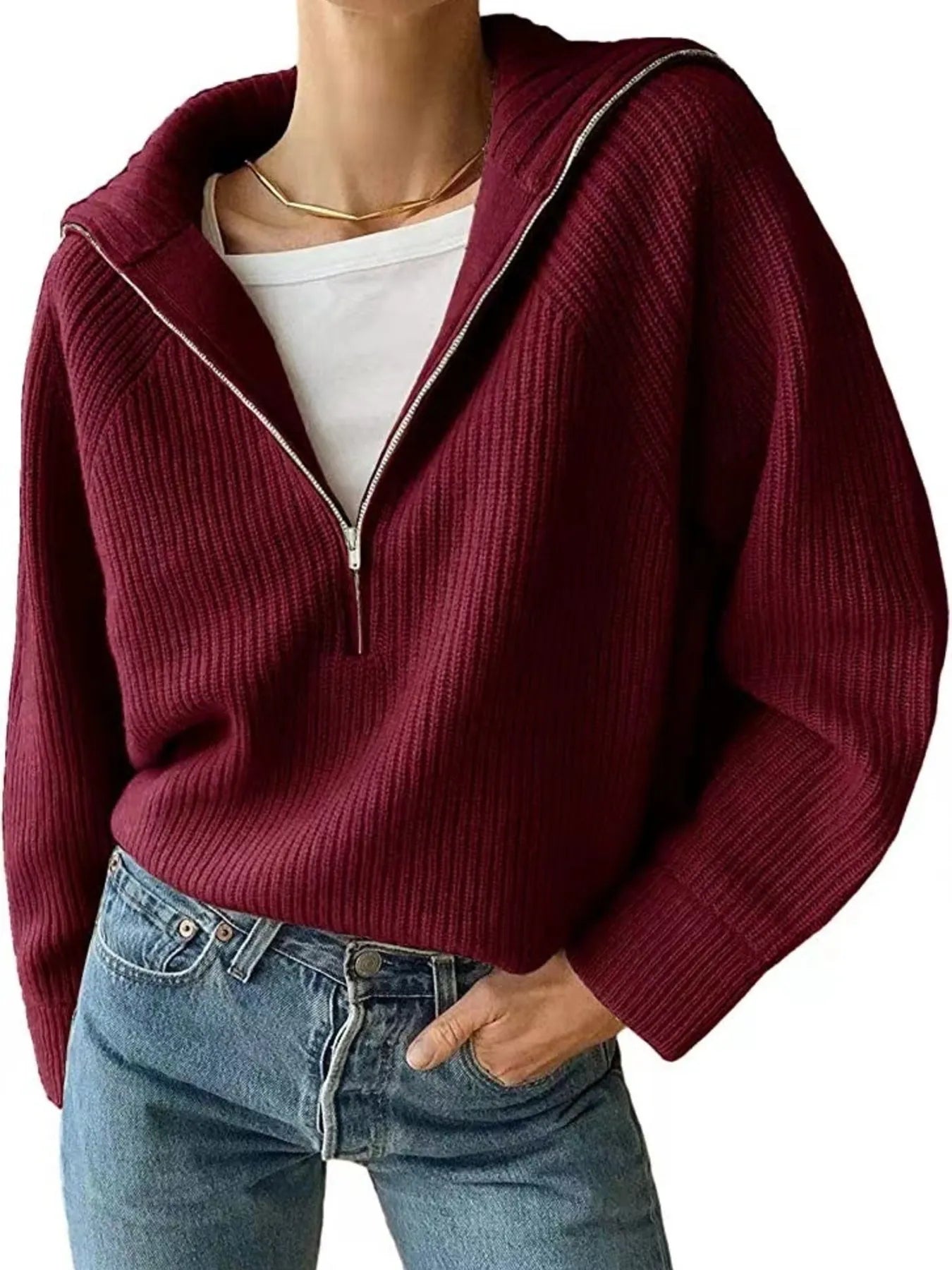 Sarah Express Women's Half-Zip Long Sleeve Sweater Burgundy