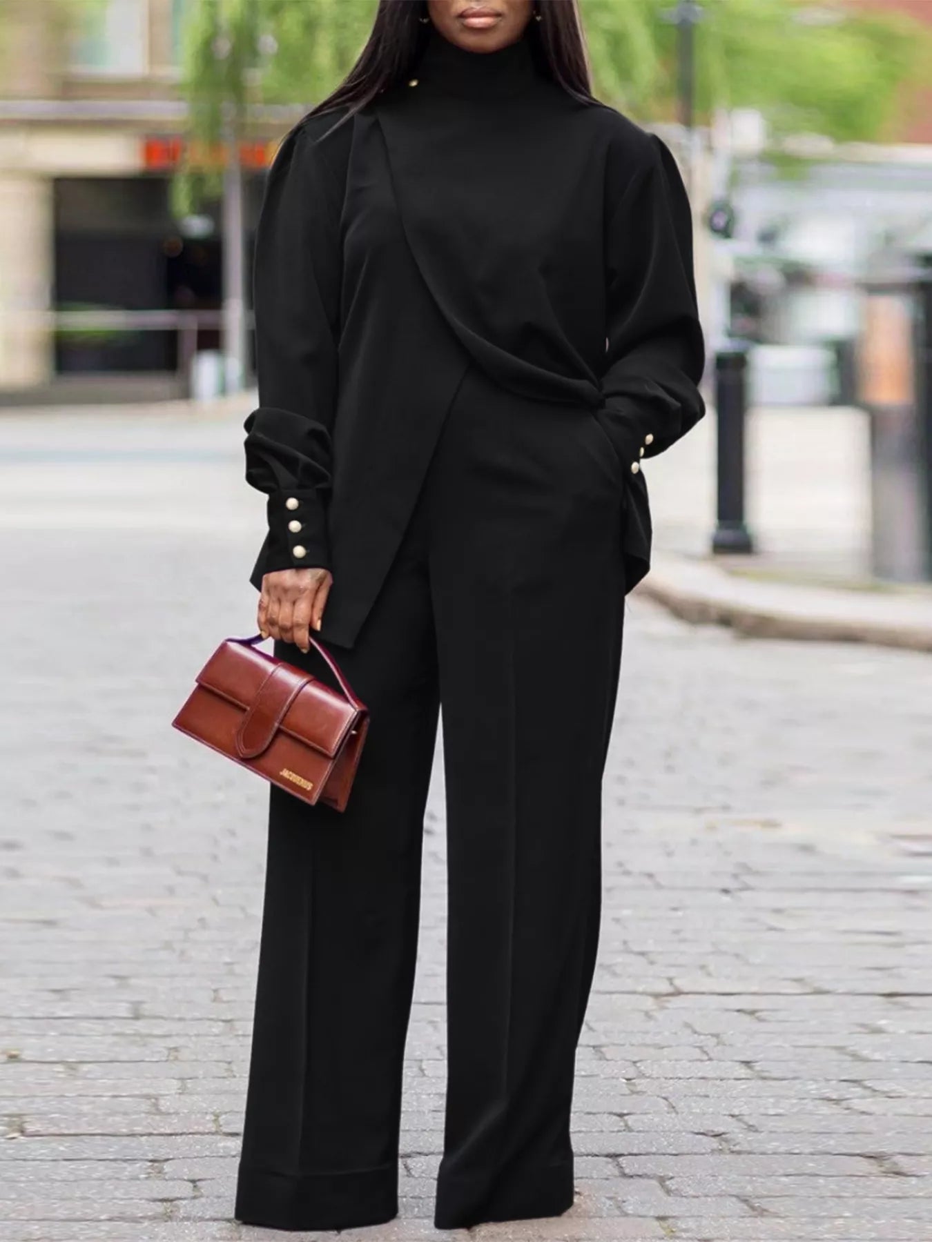 Sarah Express Women's High Neck Asymmetric Top and Pants Set Black