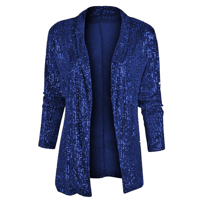 Women's Sequin Long Sleeve Blazer Jacket Polo Collar Mid-Length