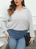 Sarah Express Women's Plus Size Ribbed Knit Polo Collar T-Shirt