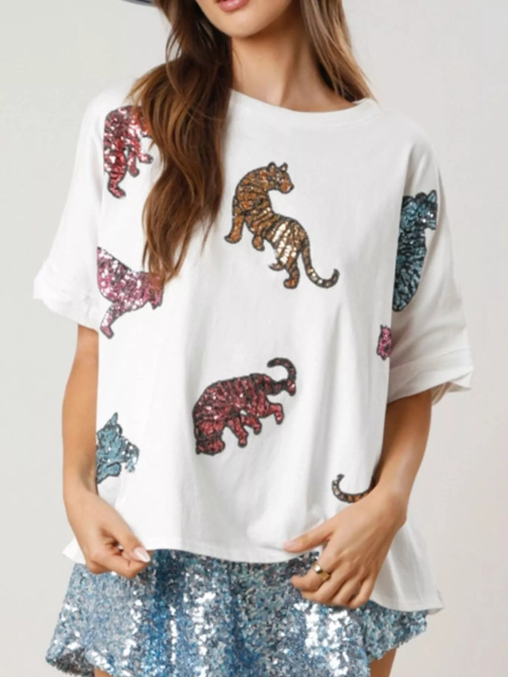 Sarah Express Women's Sequin Tiger Round Neck T-Shirt White