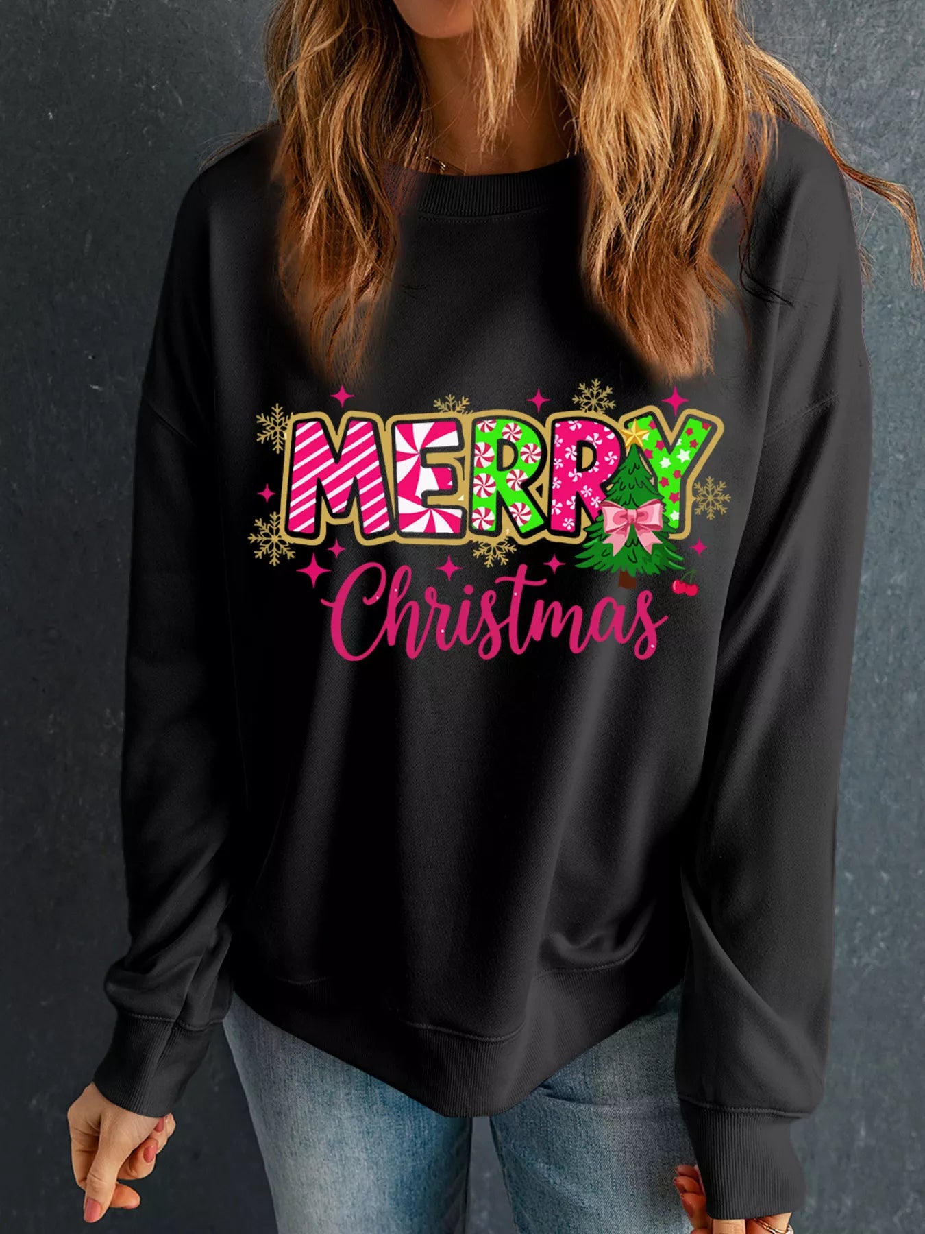 Sarah Express Women's MERRY Christmas Letter Graphic Drop Shoulder Sweatshirt Black