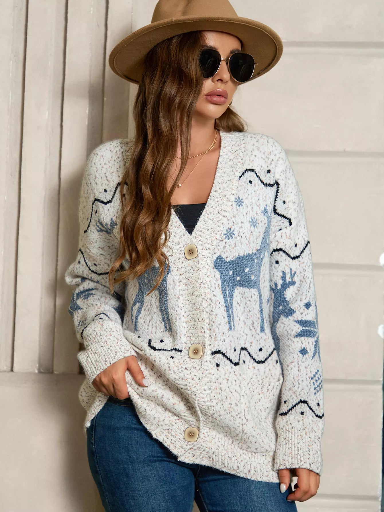 Sarah Express Women's Reindeer Pattern Knit Cardigan