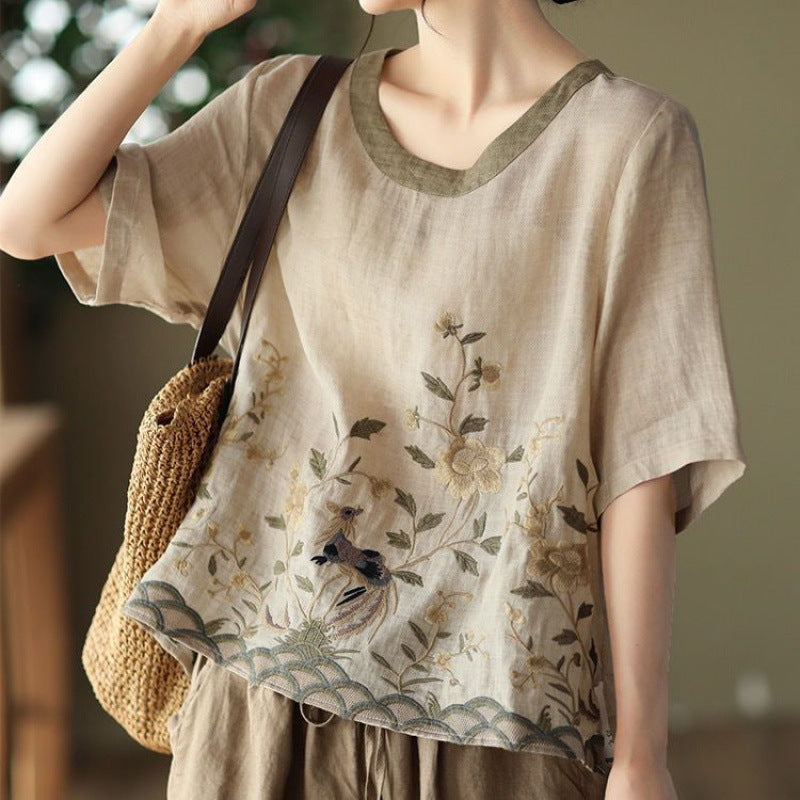 Retro Embroidered Cotton Pullover Top Round Neck