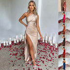 One Shoulder Backless Slit Satin Maxi Dress Women's Evening Party