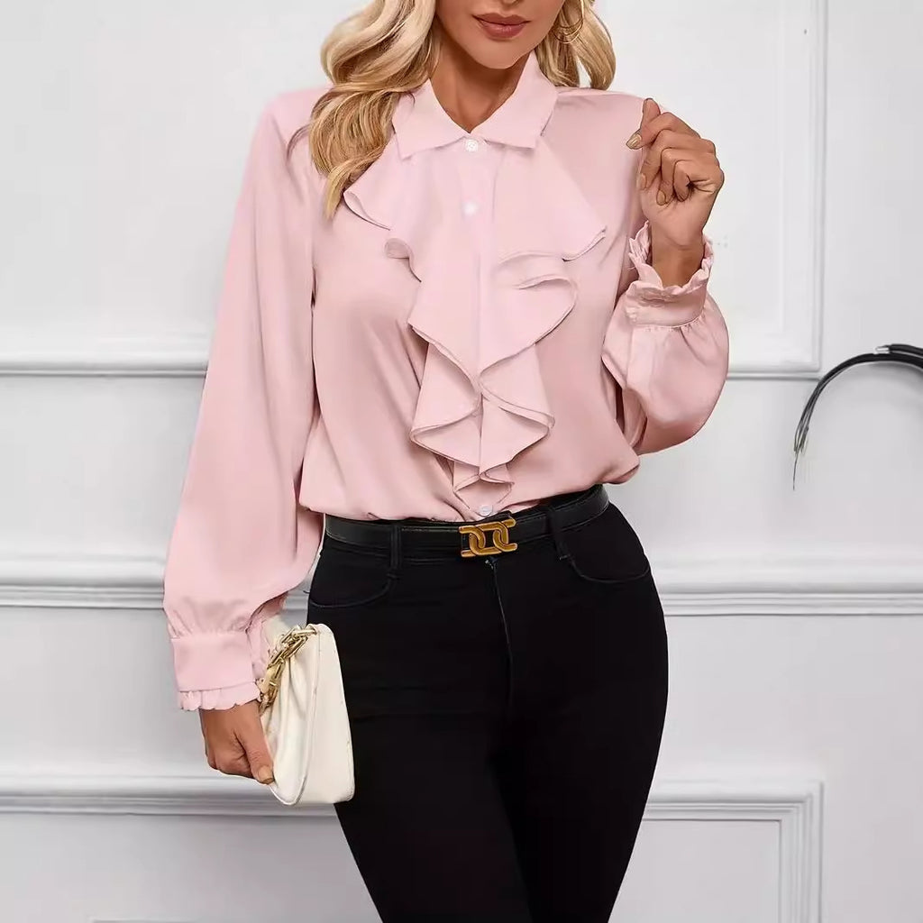 Women's Ruffled Long Sleeve Blouse Professional Work Shirt