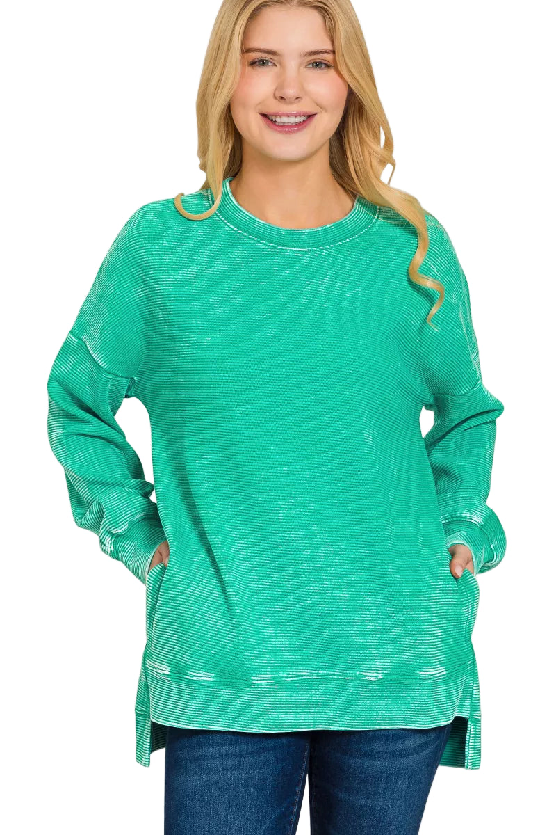 Sarah Express Women’s Plus Size Acid Wash Ribbed Sweatshirt with Hi-Low Hem
