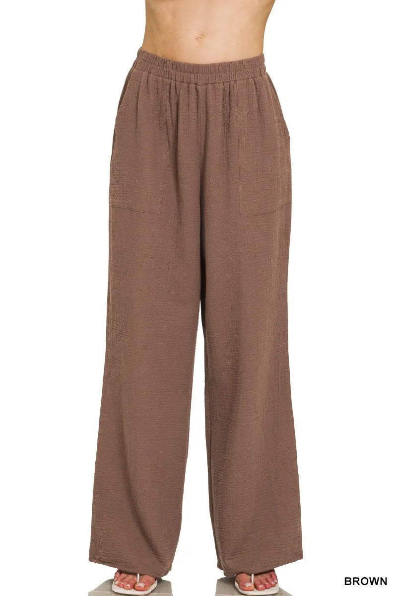 Sarah Express Women's Double Gauze Elastic Band Pants - Lightweight Cotton Casual Pants BROWN