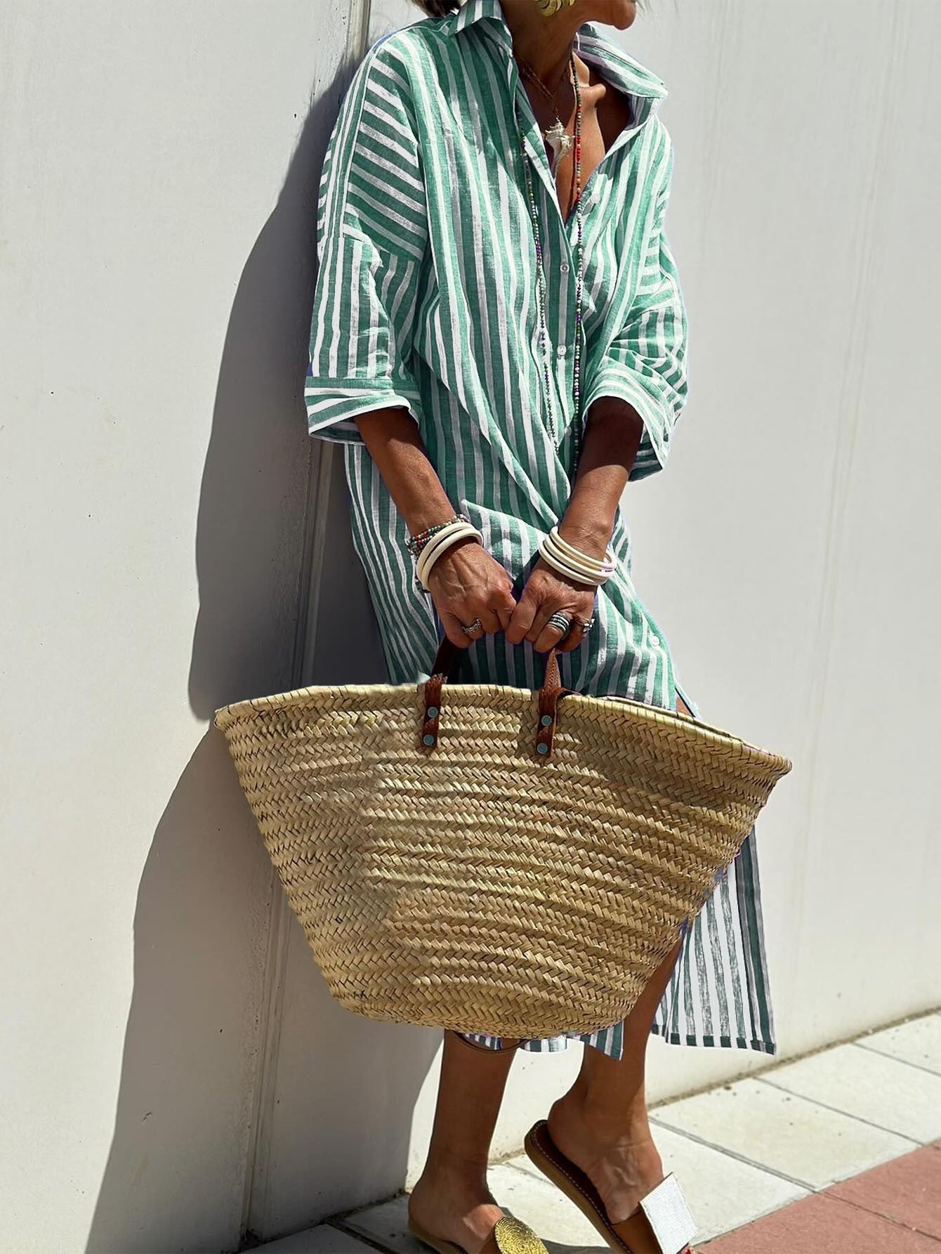 Women's Striped Shirt Dress Button Front Maxi with Belt