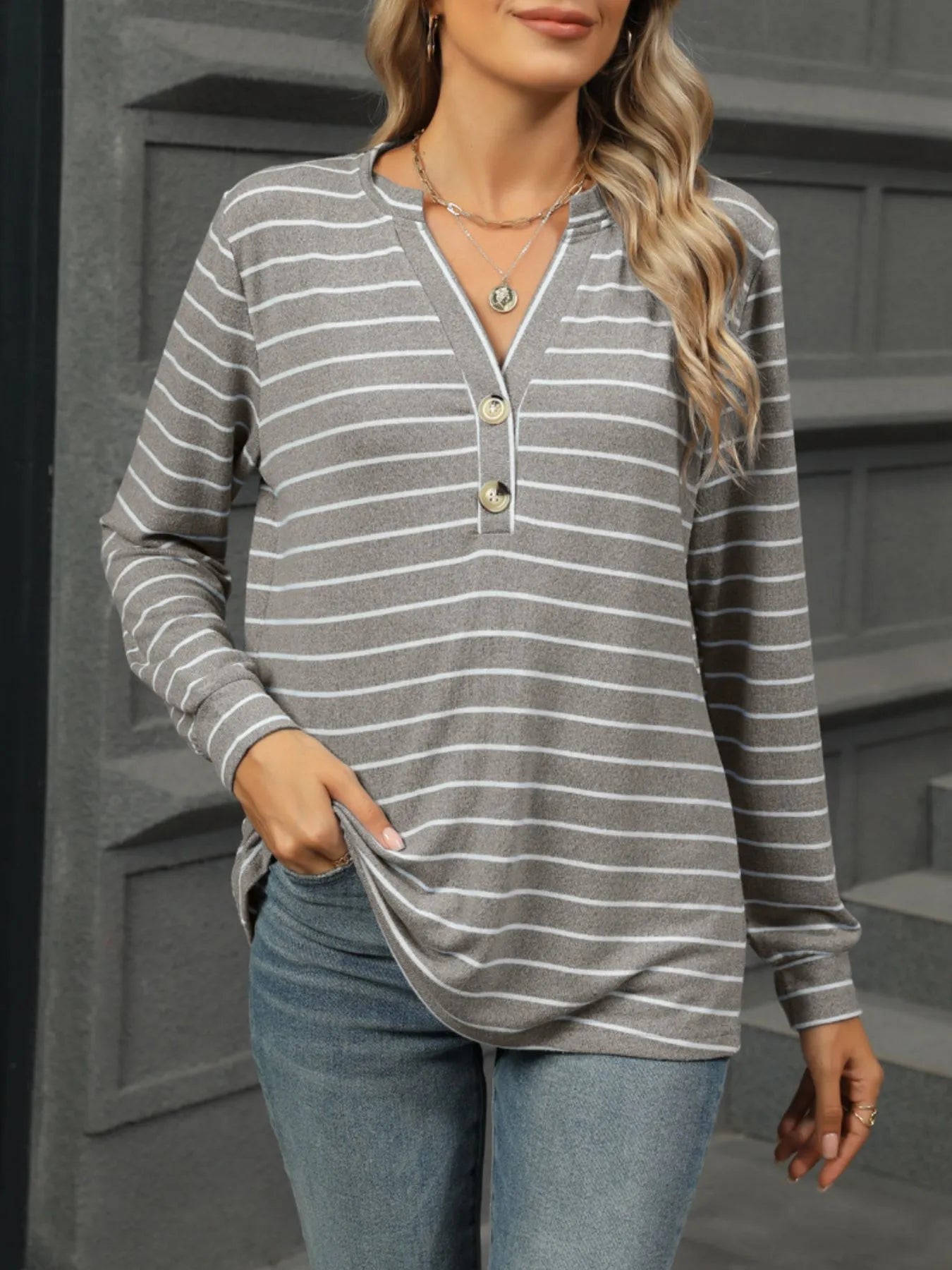 Sarah Express Women's Striped Henley T-Shirt with Button Detail Gray