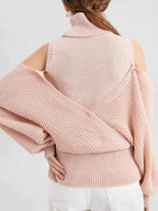 Sarah Express Women's Waffle Knit Cold Shoulder Turtleneck Sweater