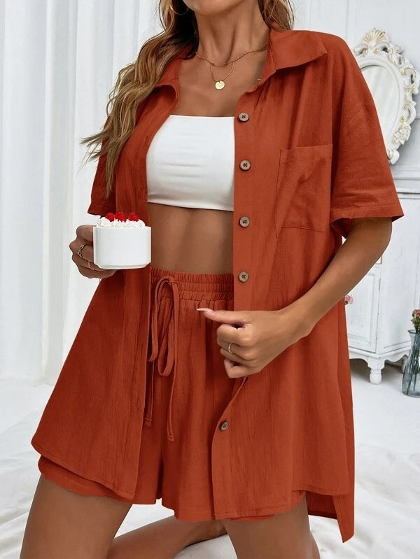 Women's Two-Piece Shirt & Shorts Set - Solid Color Cotton Coordinated Suit