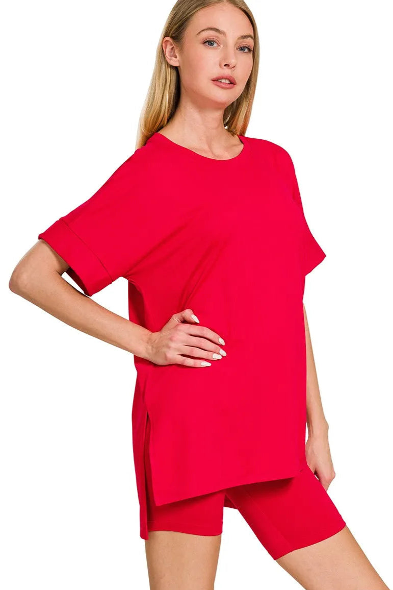 Sarah Express Women’s Plus Size Brushed Microfiber Top and Biker Shorts Set