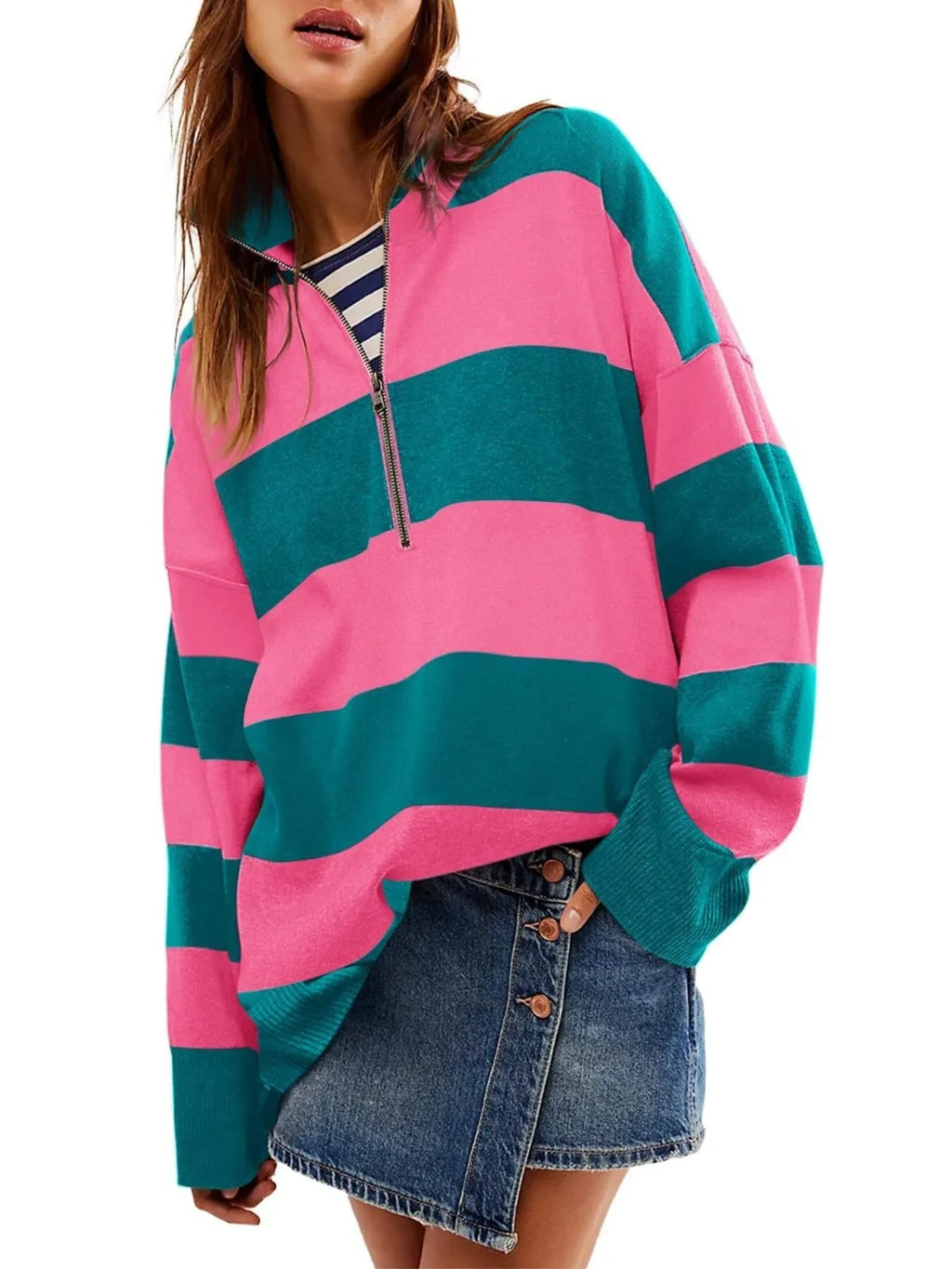 Sarah Express Women's Striped Half-Zip Oversized Sweatshirt - Retro Color Block Pullover
