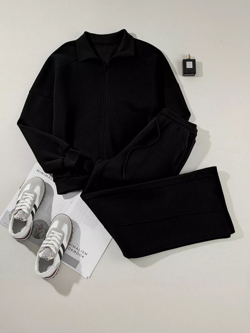 Sarah Express Women's Drop Shoulder Zip Up Jacket and Drawstring Pants Active 2pcs Set