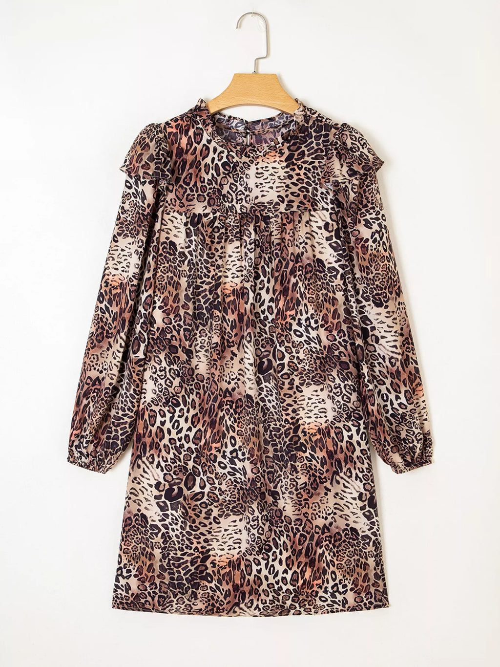 Sarah Express Women's Leopard Ruffled Detail Long Sleeve Loose Mini Dress