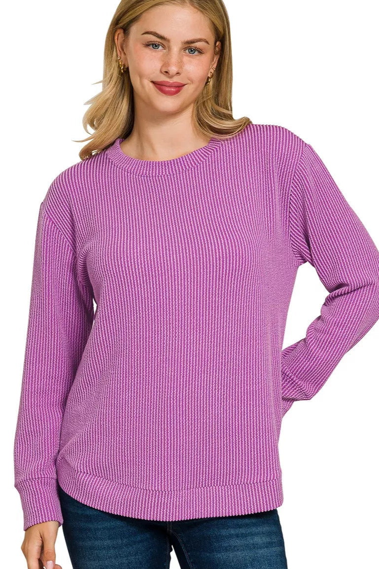 Sarah Express Women’s Plus Size Raised Rib Long Sleeve Top Casual All-Season