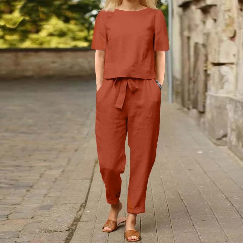 Women's Cotton Linen Top and Wide-Leg Pants Two-Piece Casual Set