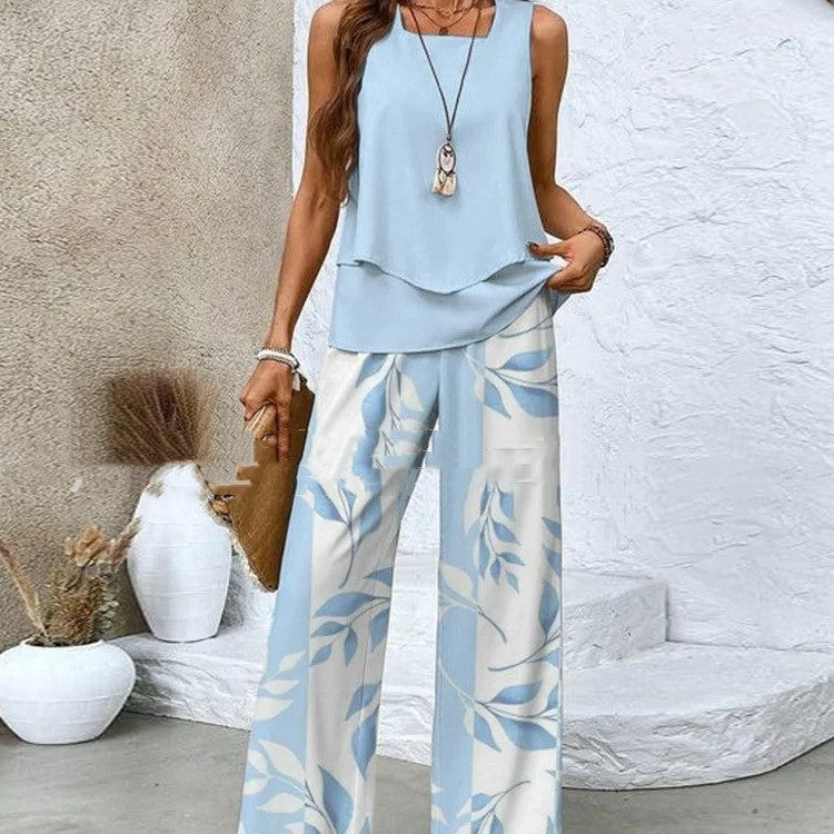 Women's Print Two-Piece Set Sleeveless Double Layer Vest Top Loose Straight Pants Floral Suit