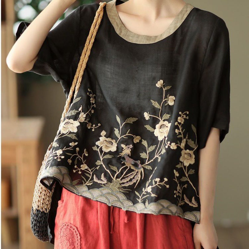 Retro Embroidered Cotton Pullover Top Round Neck