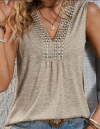 Women's Lace V-Neck Tank Top Pleated Sleeveless Flowy