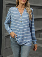 Sarah Express Women's Striped Henley T-Shirt with Button Detail Light Blue