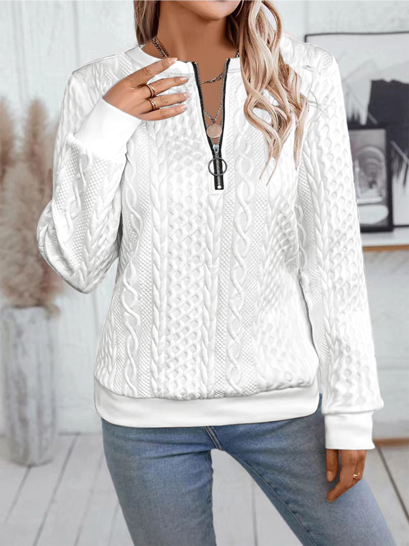 Women's Zipper Detail Long Sleeve Sweater Casual Loose Fit Pullover Top