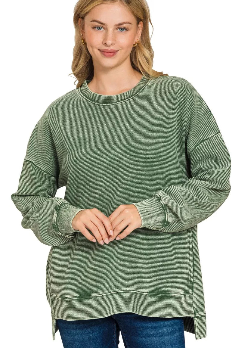 Sarah Express women’s plus size acid wash sweatshirt with double ribbed texture and a modern hi-low hem.

