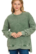 Sarah Express women’s plus size acid wash sweatshirt with double ribbed texture and a modern hi-low hem.
