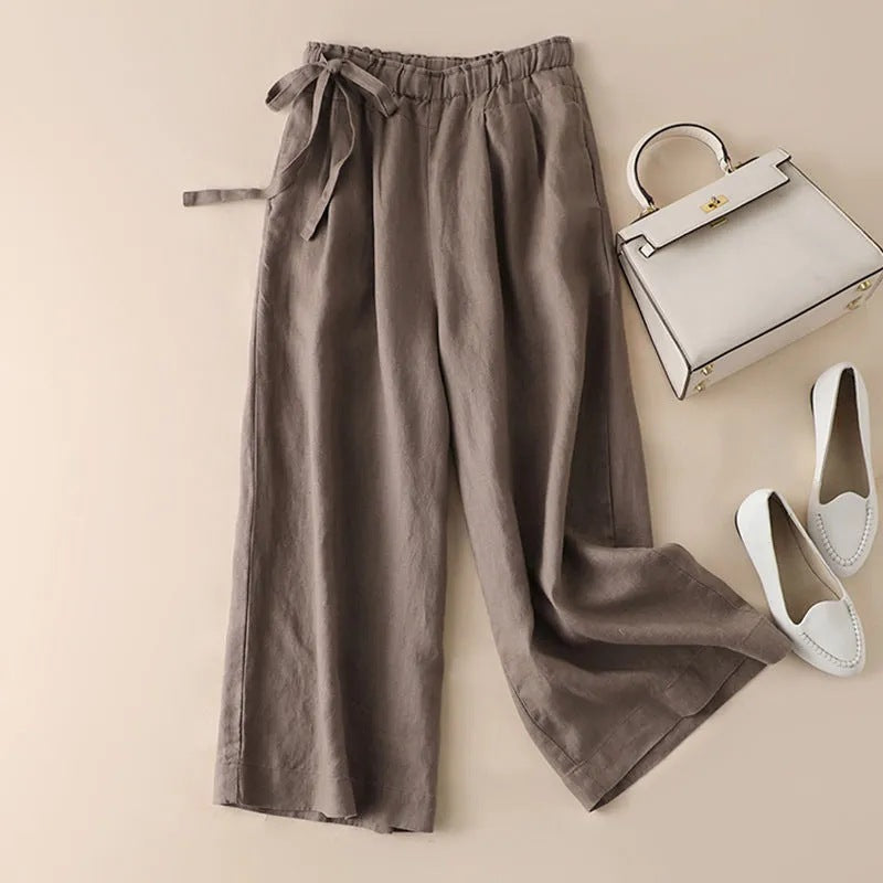 High Waist Lace-Up Cropped Pants Women's Elastic Waist Retro Cotton Casual Bottoms