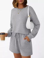 Sarah Express Women's Round Neck Long Sleeve Top and Shorts Set - Two Piece Loungewear