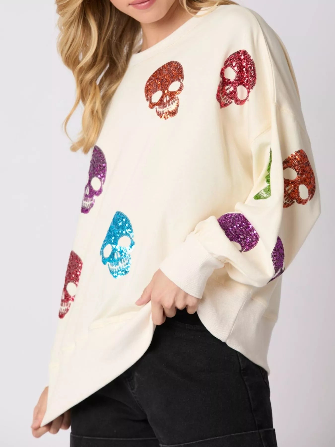 Sarah Express Women's Halloween Colorful Skull Sequin Oversized Sweatshirt