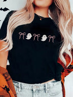 Sarah Express Women's Halloween Ghost Bow Graphic Short Sleeve T-Shirt