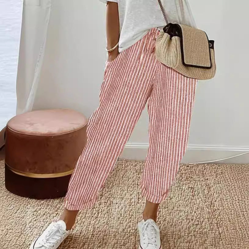 Women's Summer Striped Casual Pants - Loose Fit Elastic Waist Trousers