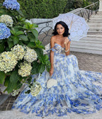 Women's Floral Off-Shoulder Halter Dress Lace-Up Organza Swing Dress with Digital Print