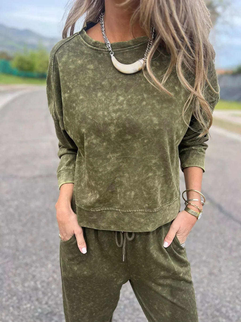 Sarah Express Women's Full Size Washed Round Neck Top and Drawstring Pants Set Plus Size