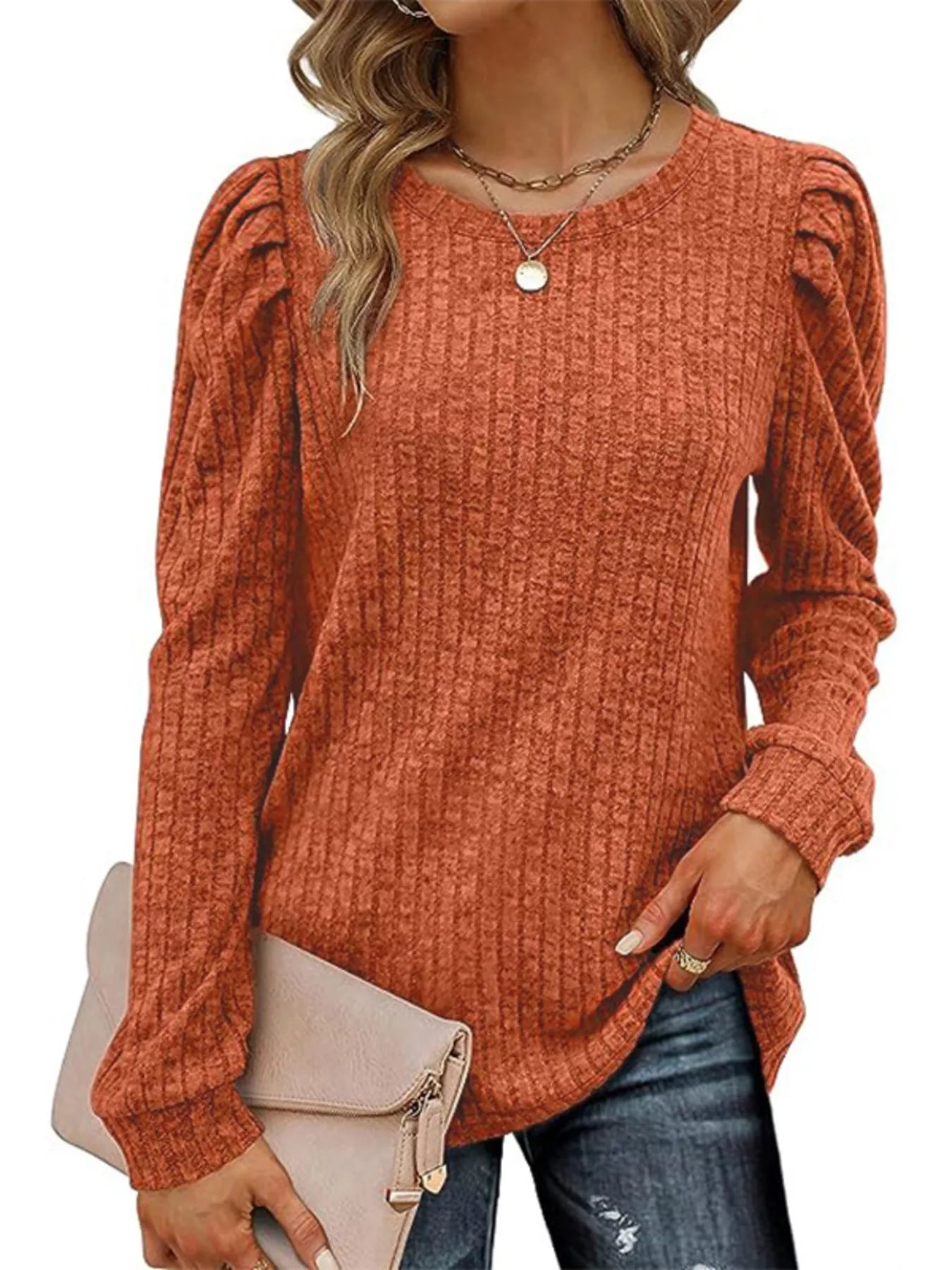 Sarah Express Women's Ribbed Knit Top with Puff Sleeves Terracotta