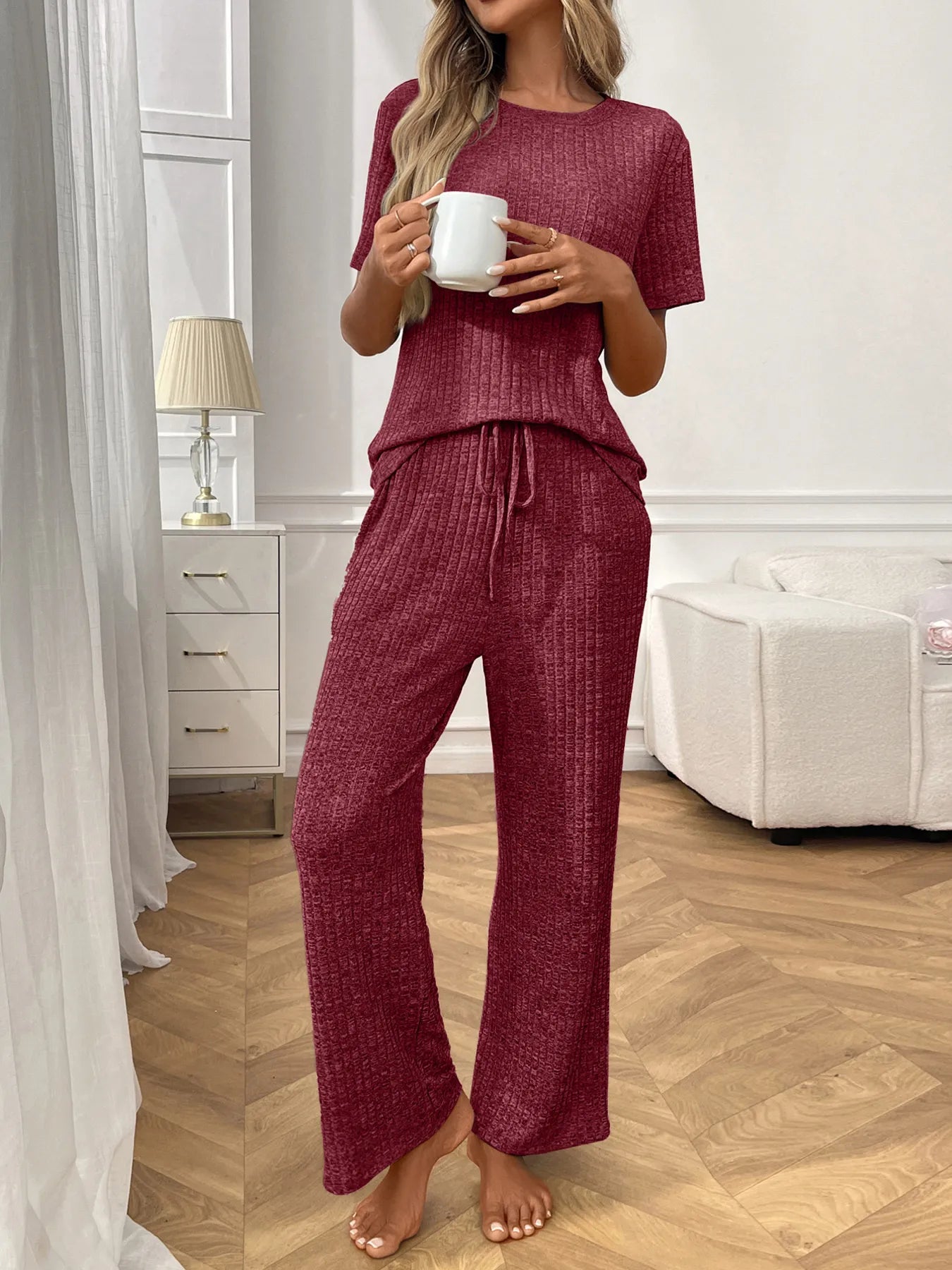 Sarah Express Women's Ribbed Knit Short Sleeve Top and Pants Lounge Set Wine Red