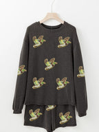 Sarah Express Women's Flying Mallard Sequin Patched Ribbed Long Sleeve Top and Shorts Set