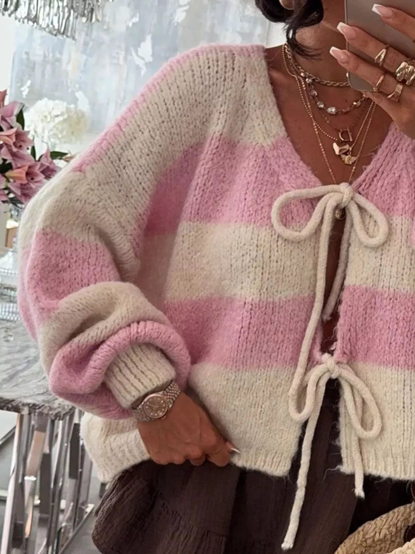 Sarah Express Women's Striped Tie-Front Knit Cardigan