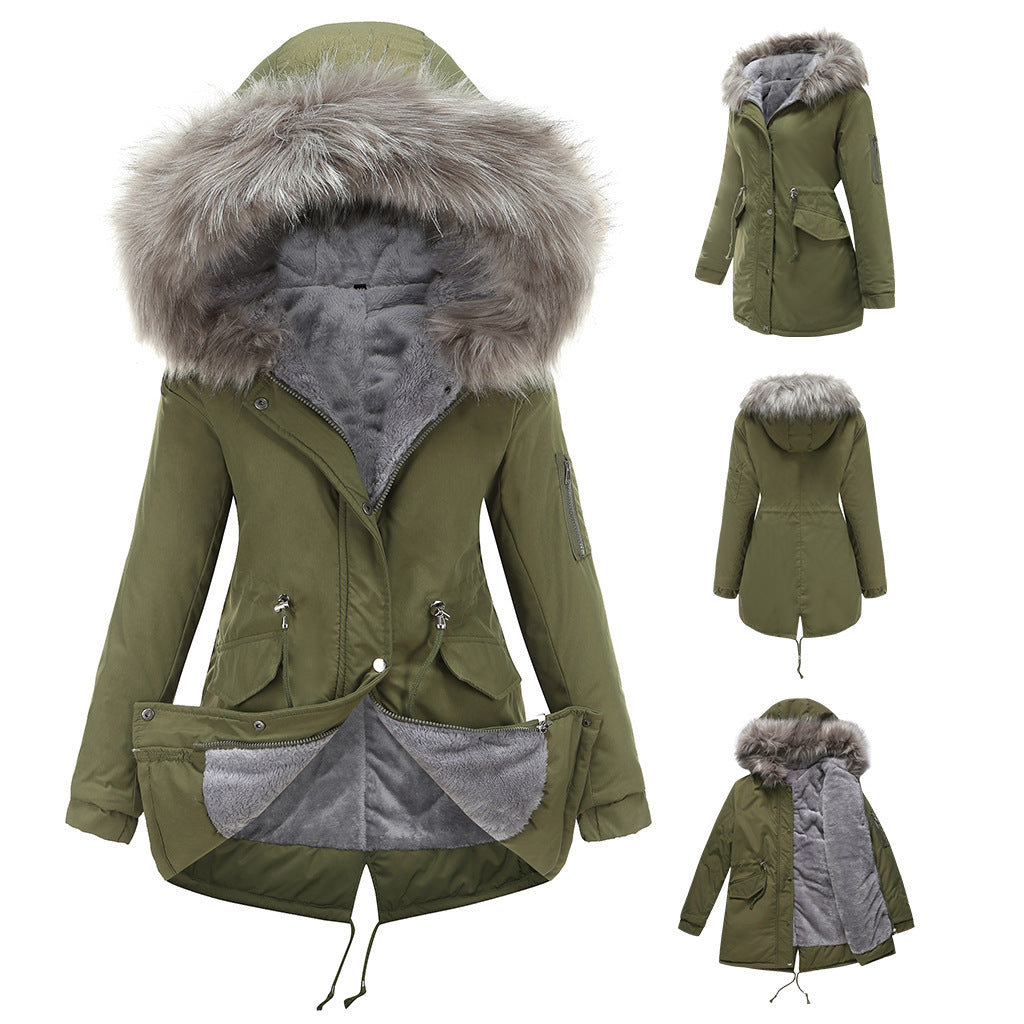 Women's Mid-Length Cotton Padded Hooded Parka Coat Loose Fit Winter Jacket