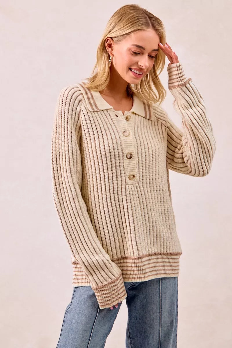 Sarah Express Women’s Two Tone Ribbed Sweater with Half Button Collar