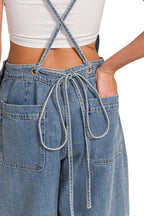 Sarah Express Women's Wide Leg Denim Overalls - Medium Wash Cotton for Casual & Weekend