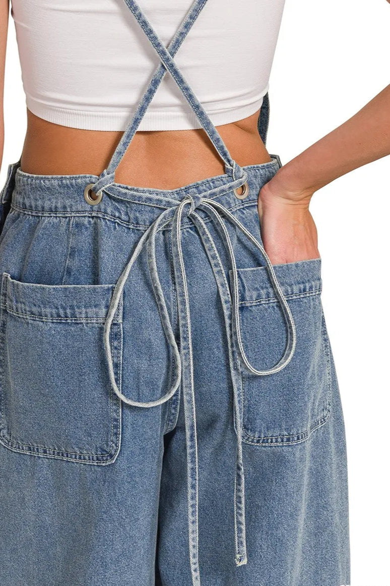 Sarah Express Women's Wide Leg Denim Overalls - Medium Wash Cotton for Casual & Weekend