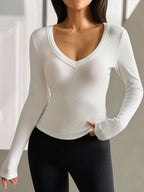 Sarah Express Women's Ribbed V-Neck Long Sleeve T-Shirt