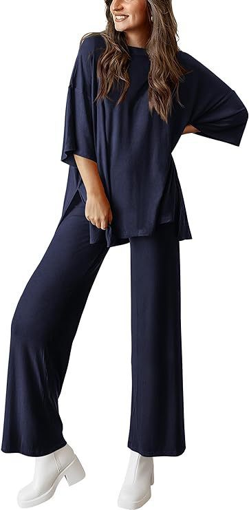Two Piece Pullover Top Wide Leg Pants Set Polyester